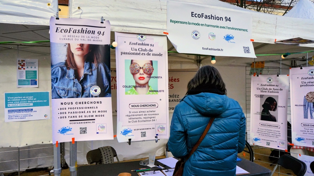 A photo from what looks to be a public fair, with posters presenting EcoFashion 94