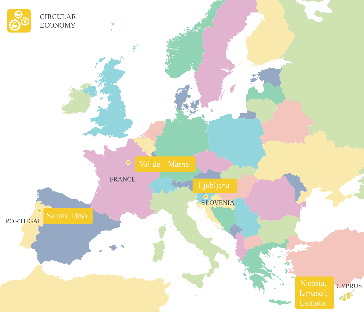 A map with the four local partners in Portugal, Slovenia, Cyprus and France