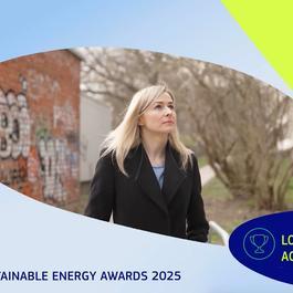 A visual with a determined woman looking into the horizon and the text "European Sustainable Energy Week - Local Action Award"
