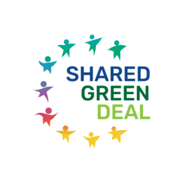 The Logo of the SHARED GREEN DEAL Project. It consists of the text "SHARED GREEN DEAL" surrouned by simple visuals showing people.