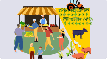 A visual of a farm, with tractor and happy people
