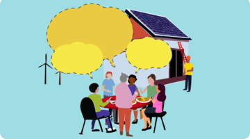 A visual of people discussing around a table with a solar panel in the back