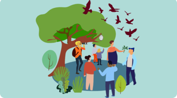 A visual of people around a pond