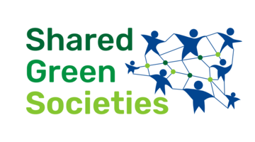 A blue and green visual with the text "shared green societies"