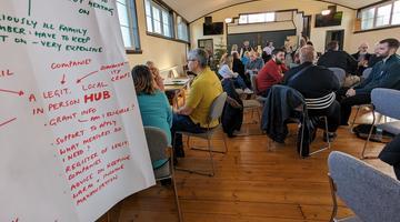 A photo showing a flipchart in the front and people in the background sitting around tables