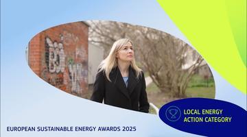 A visual with a determined woman looking into the horizon and the text "European Sustainable Energy Week - Local Action Award"