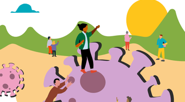 A visual with someone standing on what looks to be a virus, looking towards a greener future