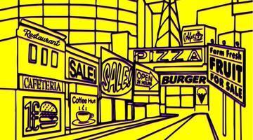 a visual all in yellow showcasing different food vendors. 