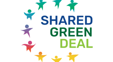 The Logo of the SHARED GREEN DEAL Project. It consists of the text "SHARED GREEN DEAL" surrouned by simple visuals showing people.