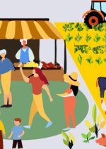 A visual of a farm, with tractor and happy people