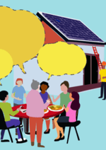 A visual of people discussing around a table with a solar panel in the back