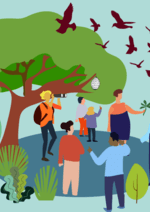 A visual of people around a pond