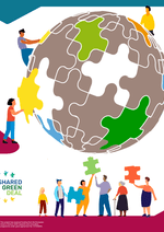 A visual with people assembling a round puzzle shaped like the earth.