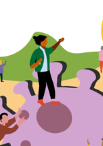 A visual with someone standing on what looks to be a virus, looking towards a greener future