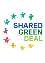 The Logo of the SHARED GREEN DEAL Project. It consists of the text "SHARED GREEN DEAL" surrouned by simple visuals showing people.