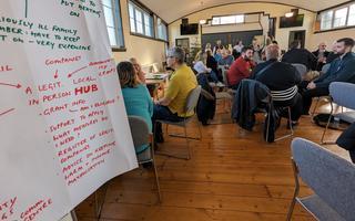 A photo showing a flipchart in the front and people in the background sitting around tables