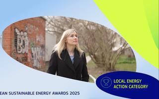 A visual with a determined woman looking into the horizon and the text "European Sustainable Energy Week - Local Action Award"