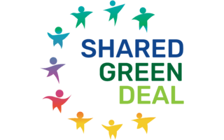 The Logo of the SHARED GREEN DEAL Project. It consists of the text "SHARED GREEN DEAL" surrouned by simple visuals showing people.