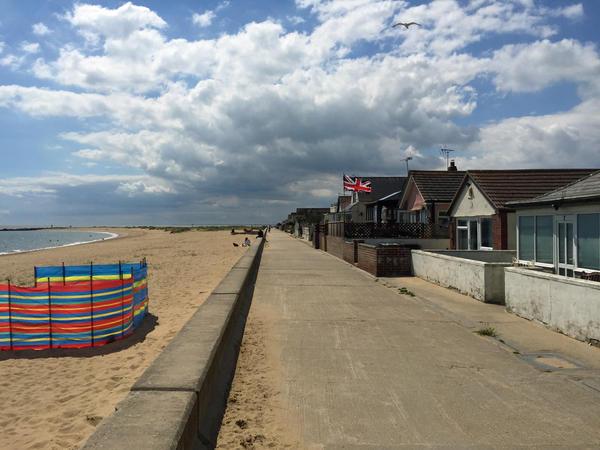 A picture of a seafront - beach on the left, small houses on the right