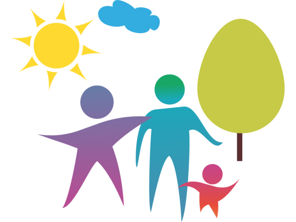 A visual with happy people standing next to a tree with the sun shining