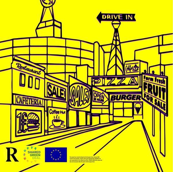 a visual all in yellow showcasing different food vendors. 